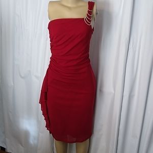 Signature by Sangria ruby red mesh one-shoulder dress - size 8